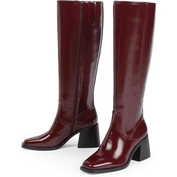 Women's Knee High Boots with Zipper Square Toe Chunky Heeled Tall Boots - Picture 6 of 7